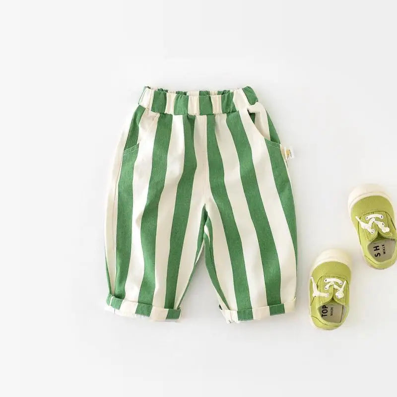 Loose Striped Cotton Baby Pants – Kids’ Casual Trousers with Pockets (Boys & Girls)