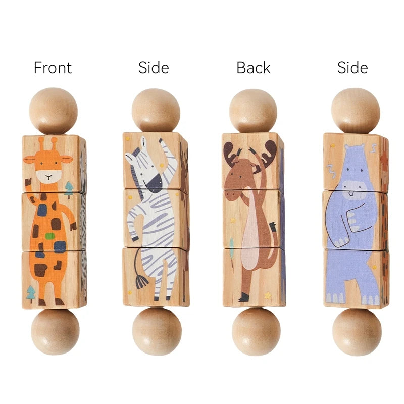 Wooden Montessori Baby Toy – Cartoon Rotating Puzzle Rattle & Handbell