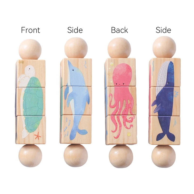 Wooden Montessori Baby Toy – Cartoon Rotating Puzzle Rattle & Handbell