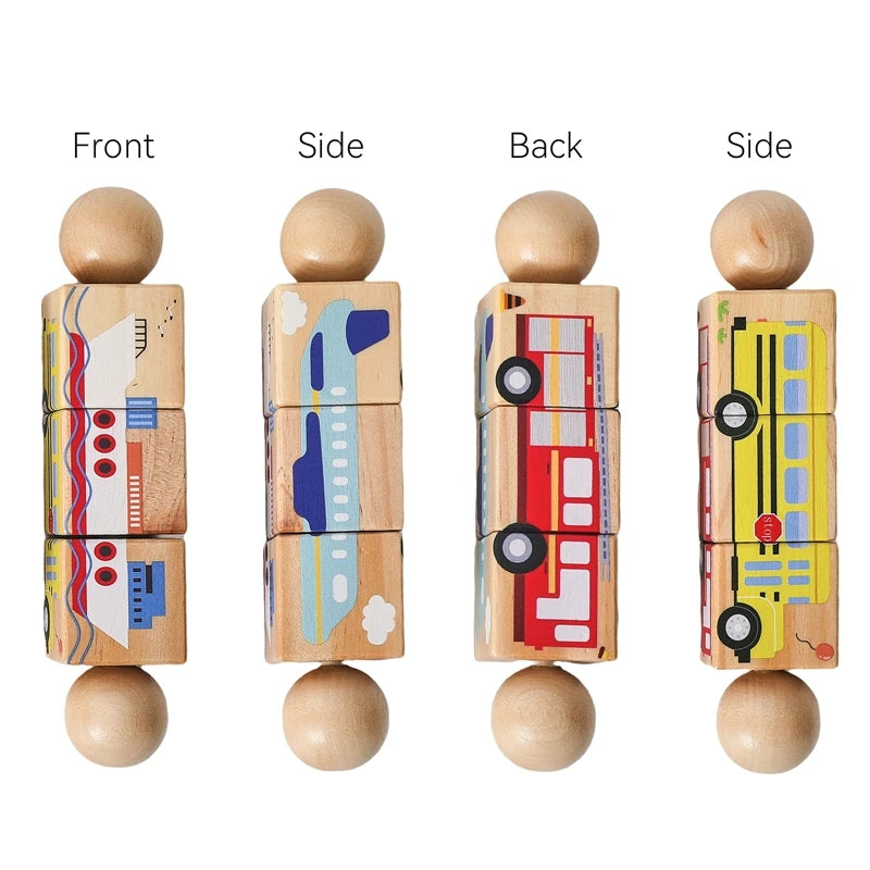 Wooden Montessori Baby Toy – Cartoon Rotating Puzzle Rattle & Handbell