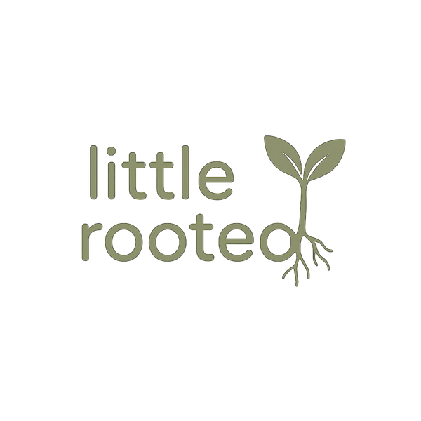 Logo with 'little rooted' text and plant illustration on white background