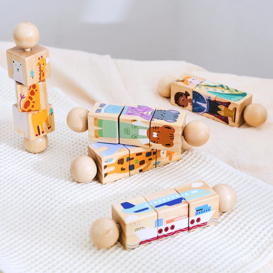 Wooden Montessori Baby Toy – Cartoon Rotating Puzzle Rattle & Handbell
