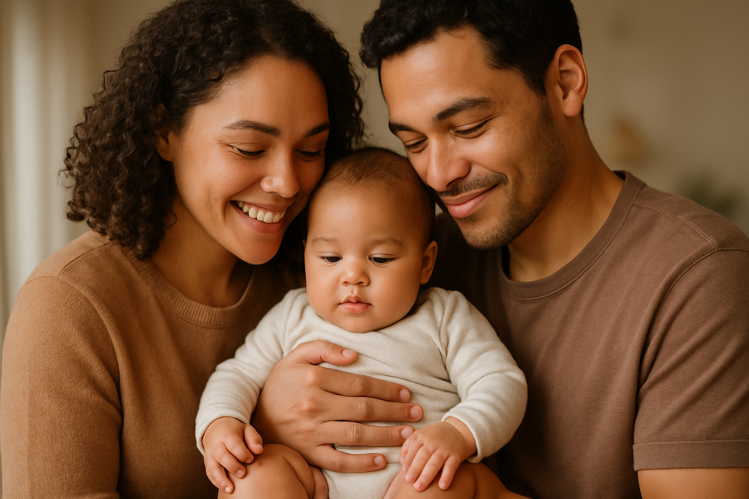 two by-racial parents holding their baby 